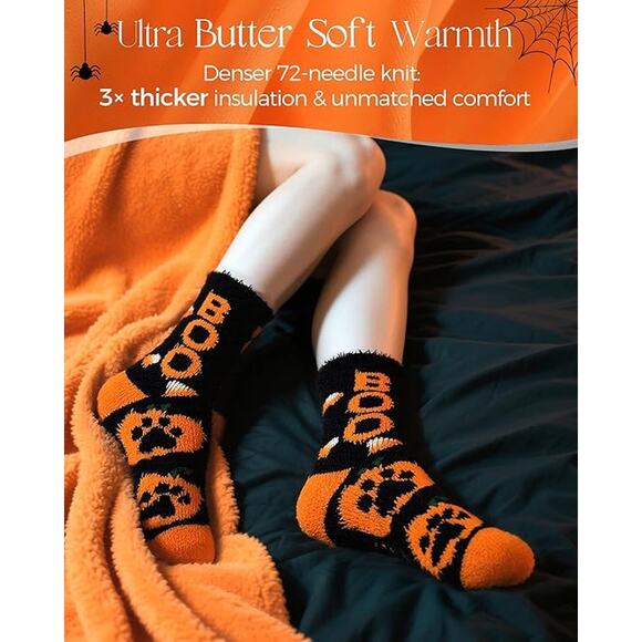 Halloween Fuzzy Socks Women Girls 3 Pack Buttery Soft 72 Needle Cozy Slippers - Picture 2 of 6